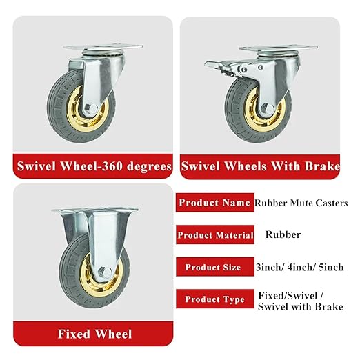 1PCS Casters Heavy Duty Furniture Rubber Swivel Mover Silent Shelves Wheelbarrow Trolley Hardware Transporter Tire Trolley(1pc Stem Brake Wheel,4 inch)