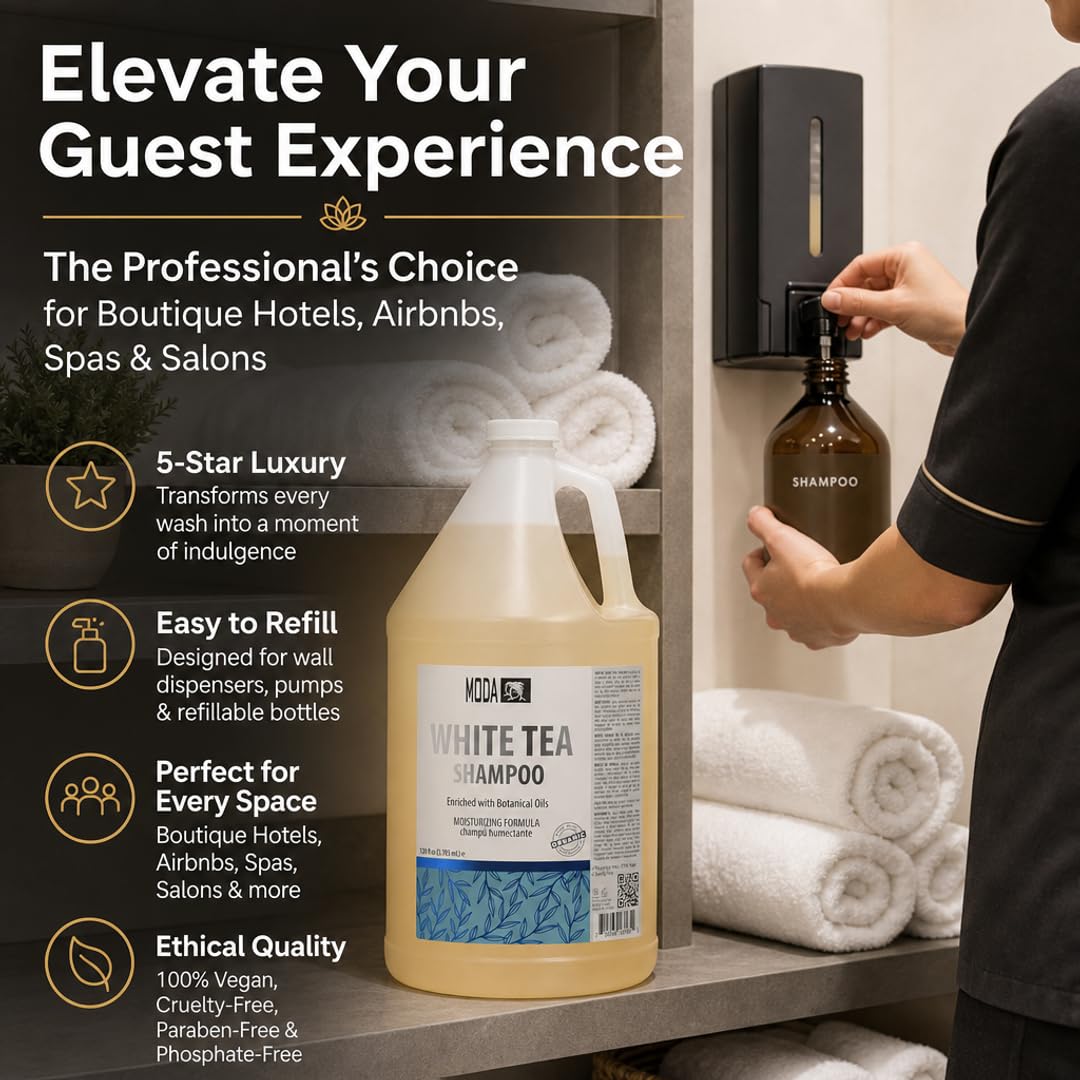 MODA Hotel & Salon Bulk Shampoo, Damage Control, 128 oz White Tea Professional bulk shampoo for hotels, salons, spas and family homes; vegan, cruelty free and paraben free for dry, curly hair