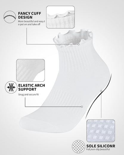 Women’s Non Slip Pilates Socks with Ruffle Pleated & Straight Ribbed Double Cuff, Grip Socks for Yoga, Barre, Dance. ( 3 Pairs )