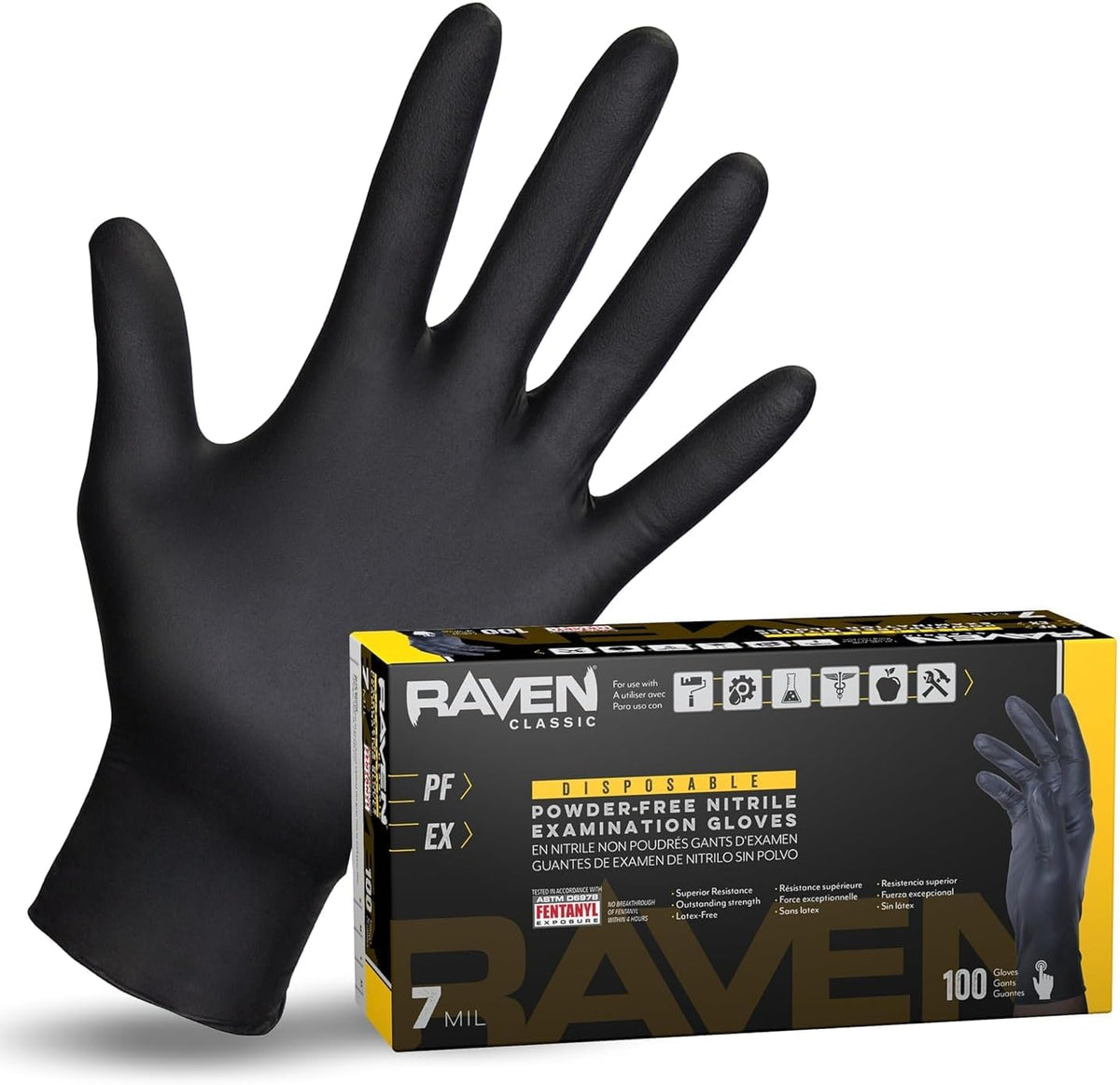 Raven Powder Free Nitrile Disposable Gloves 7 Mil - XL Latex Free, Chemical + Puncture Resistant, Textured Grip, Single Use for Automotive, Industrial, Janitorial, MRO, Food Service 66519