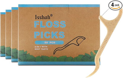 Natural Dental Floss Picks - 50 Count - PETA Approved, BPA Free, Vegan, Sustainable, Eco Friendly, Natural Dental Flossers by Isshah (Mint)