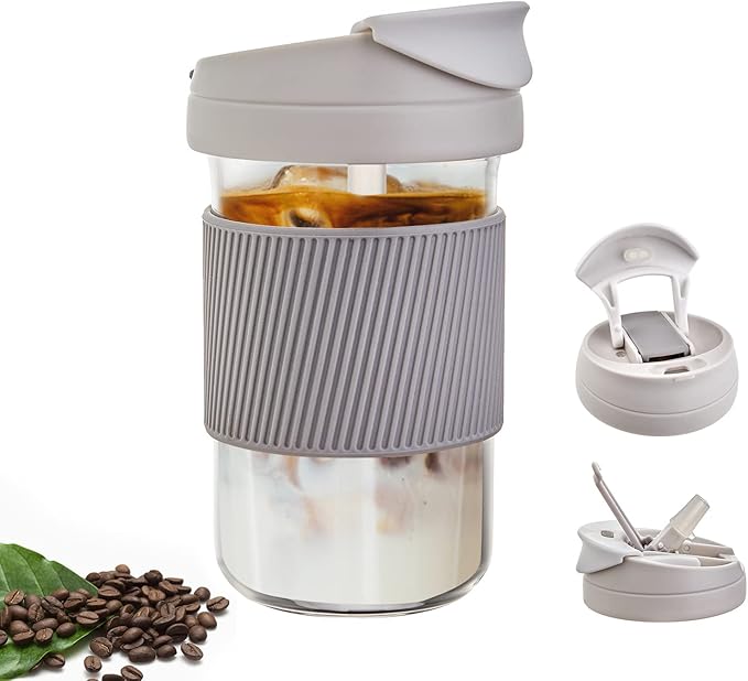 COMI Glass Travel Coffee Tumbler, Smoothie Cup Travel Dual-use Glass Coffee Cups with Lids Coffee Travel Cup with straw - 15 oz - Ash Grey