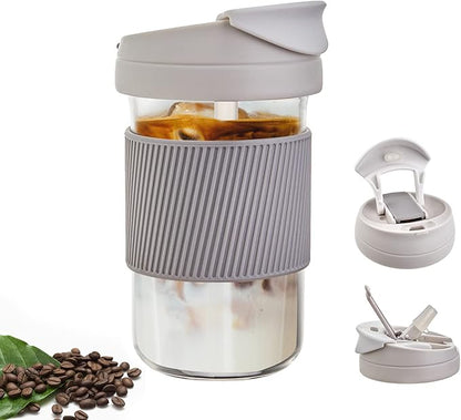 COMI Glass Travel Coffee Tumbler, Smoothie Cup Travel Dual-use Glass Coffee Cups with Lids Coffee Travel Cup with straw - 15 oz - Ash Grey