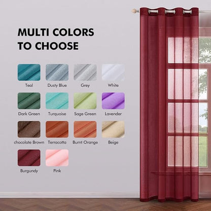 MIULEE 2 Panels Burgundy Red Semi Sheer Window Curtains Elegant Christmas Decor Grommet Top Voile Drapes Window Treatment Linen Textured Panels for Bedroom Living Room (54X84 inch Length)