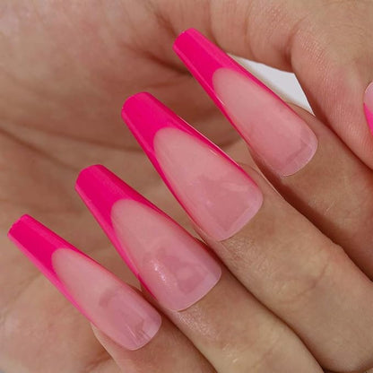 French Extra Long Press on Nails Glossy Coffin Fake Nails V Shape Super Long False Nails Acrylic Ballerina Full Cover Nails 20Pcs for Woemen and Girls (Hot Pink)