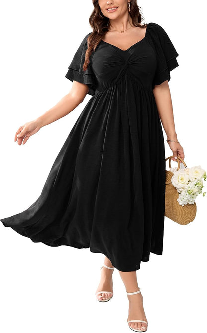 SCOMCHIC Women's Plus Size Wedding Guest Cocktail Dresses Sweetheart Neckline Ruffle Sleeve A Line Maxi Dress.