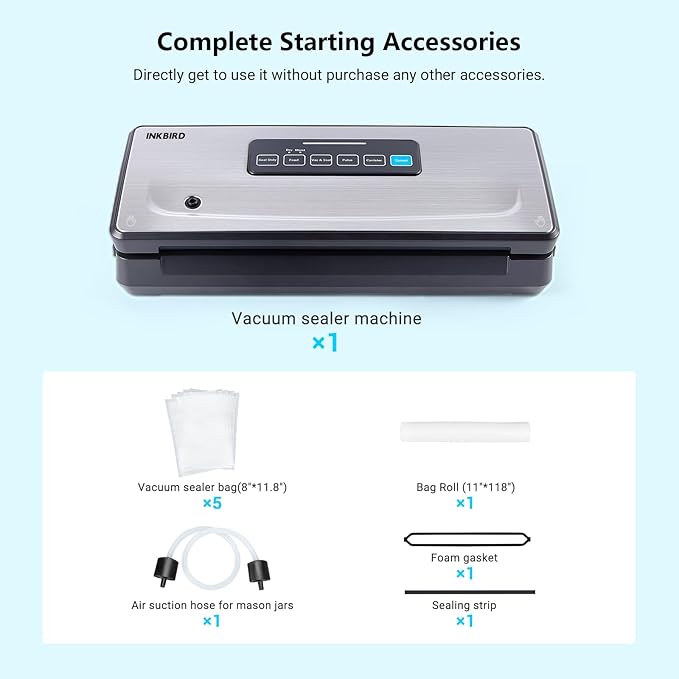 INKBIRD Vacuum Sealer Machine, Food Vacuum Sealers with Roll Storage, MoistDryPulseSealCanister 5-Food Modes with External Vacuum System, Food Vacuum Sealing Machine with Kits, 11.8'' Cutter