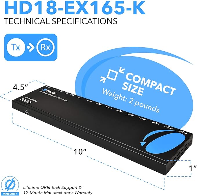 OREI 4K 1x8 HDMI Extender Splitter Multiple Over CAT 6/7 Cable with EDID management - 4K@30Hz upto 165ft and 1080p@60Hz upto 230ft- Loop Out