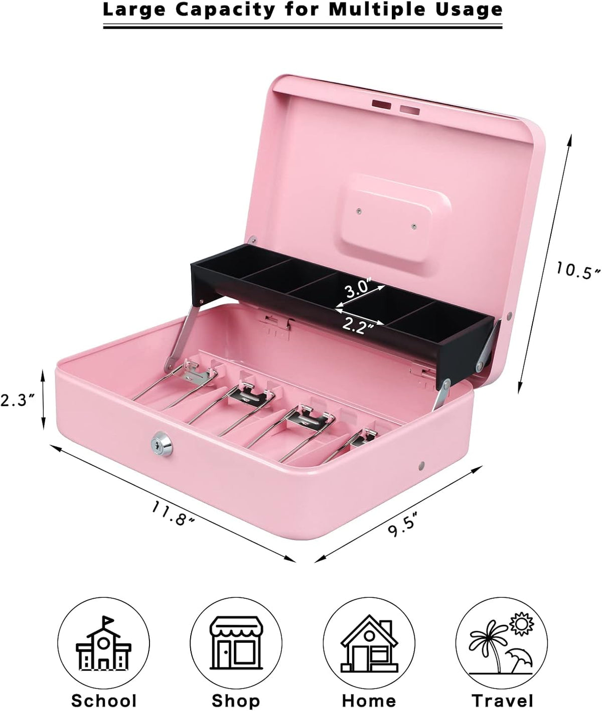 Cash Box with Money Tray and Key Lock,Tiered, Cantilever Design,4 Bill / 5 Coin Slots,11.8" x 9.5" x 3.5",Pink