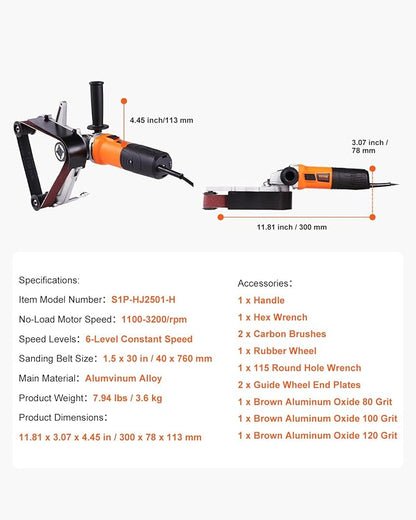 VEVOR 1000W Pipe Belt Sander, 6-Speed Tube Polisher 1100-3200rpm, Handheld Grinding Sanding Tool with 3PCS Sanding Belts, Ideal for Rust Burnishing Finishing Removal
