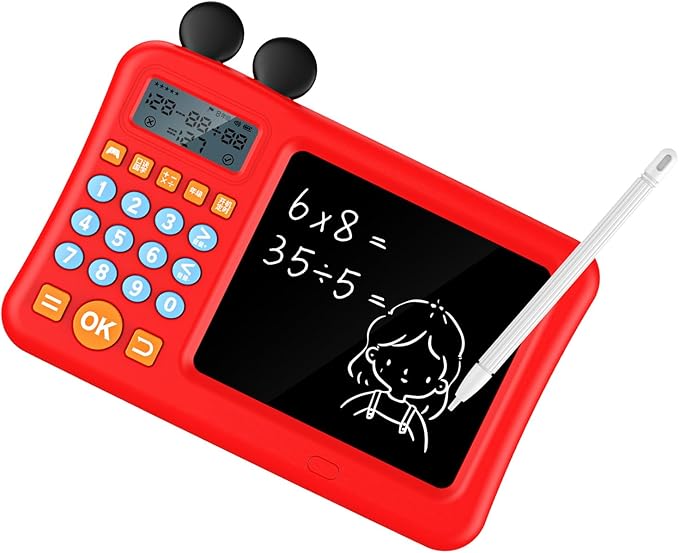 Digital Calculator with WordPad Early Education Pictures Smart Algorithm Calculator Kids Home Use Writing Tablet (Red)