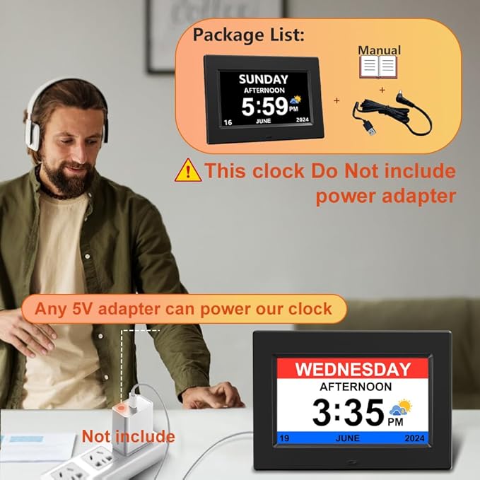 AINFTIME Digital clock with date and day of the week for the elderly-12 alarms, medication reminder, dementia, Alzheimer's, calendar with extra large screen (7 inches, black)
