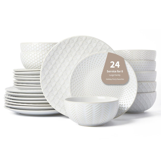 24 Piece Dinnerware Sets for 8, Premium Stoneware Plates and Bowls Sets, Microwave & Dishwasher Safe, Elegant Dishes for Entertaining & Special Occasions A Stunning Gift for Large Families