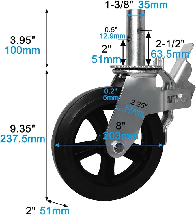 8 Inch Scaffolding Wheels, Scaffold Caster with Dual Locking Brakes, Heavy Duty 750LBS Rubber Caters 1-38" Solid Round Stem Replacement for Scaffold Workbench Shelves