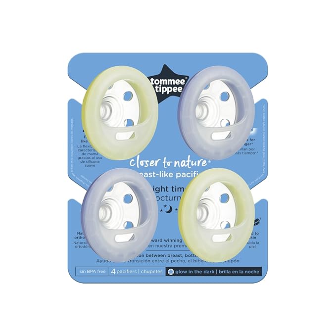 Tommee Tippee Breast-like night pacifier, 0-6 months with breast-like shape and glow in the dark technology, 4-Count, BlueYellow