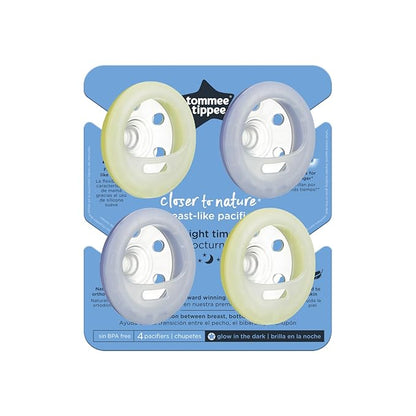 Tommee Tippee Breast-like night pacifier, 0-6 months with breast-like shape and glow in the dark technology, 4-Count, BlueYellow