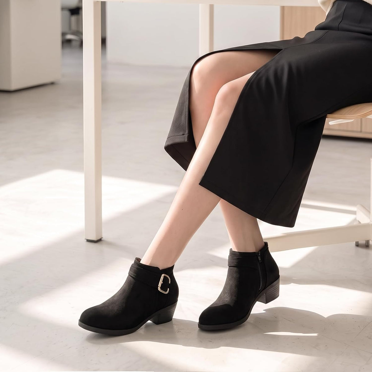 Athlefit Women's Chunky Low Heel Ankle Boots Classic Pointed Toe Side Zipper Booties.