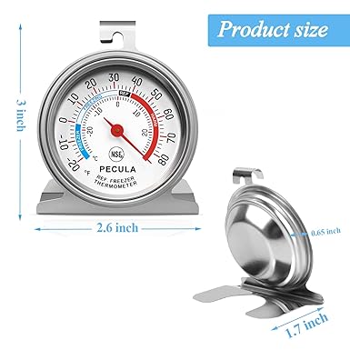 PECULA Refrigerator Thermometer Large Dial, Freezer Thermometer -30-30 Deg NE-20-80 Deg Na, Fridge Thermometer by Stainless Steel, Thermometer for Fridge Suitable for Refrigerators and Freezers