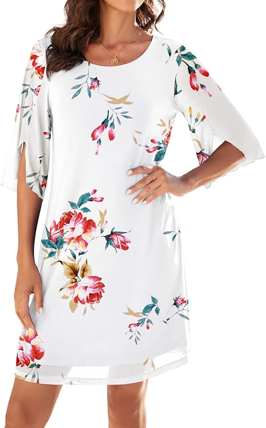 Women's Casual Loose 3/4 Sleeve Stretch Mesh Wedding Guest Dress Scoop Neck Cocktail Party Formal Dresses