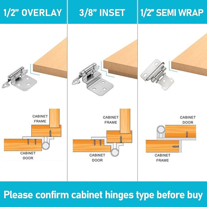 4 Pack 2 Pairs 38" Inset Kitchen Cabinet Hinges - Brushed Nickel Semi-Concealed  Satin Nickel Self Closing Cabinet Door Hinges - Flush Face Mount Cupboard Hardware