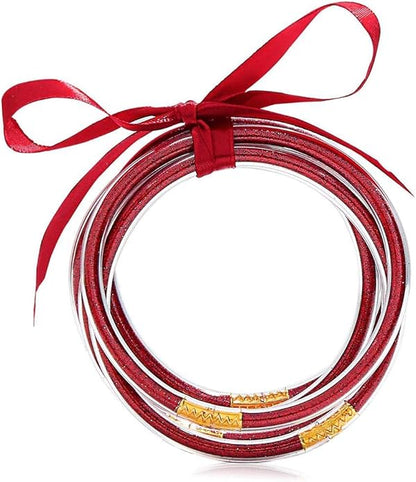 MJartoria Bundle Glitter Jelly Bangles Bracelets Set Glitter Filled Jelly Silicone Bracelets for Women Girls (Red)