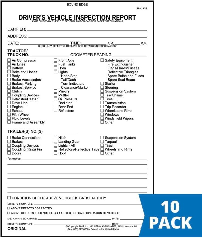 Detailed Driver's Vehicle Inspection Report 10-pk (1862 Rev 10/13). - Book Format with 31 Sets, 3-Ply, Carbonless, 5.5" x 8.5", Meet FMCSR Requirements, J. J. Keller & Associates, Inc.