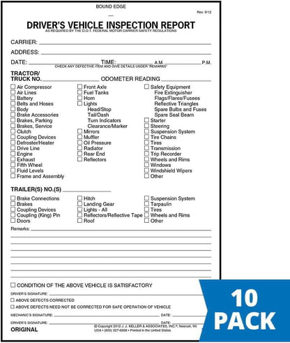 Detailed Driver's Vehicle Inspection Report 10-pk (1862 Rev 10/13). - Book Format with 31 Sets, 3-Ply, Carbonless, 5.5" x 8.5", Meet FMCSR Requirements, J. J. Keller & Associates, Inc.