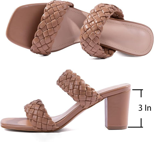 N.N.G Women Heels Sandals Braided Block Nude Summer Chunky Square Leather Woven Comfort Strappy Dress Casual Pumps Mules