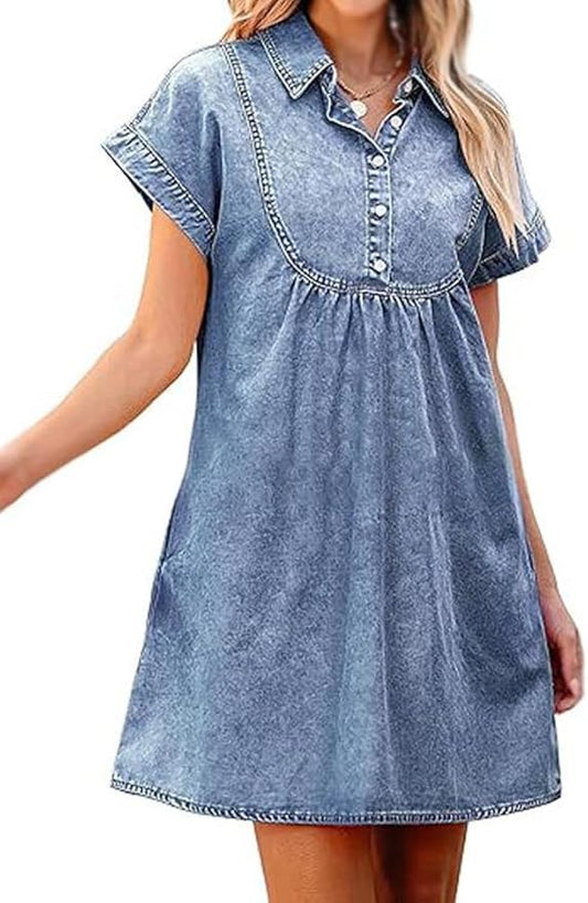 chouyatou Women's Summer Short Sleeve Mini Denim Shirt Dress Business Casual Cute Babydoll Jean Dress