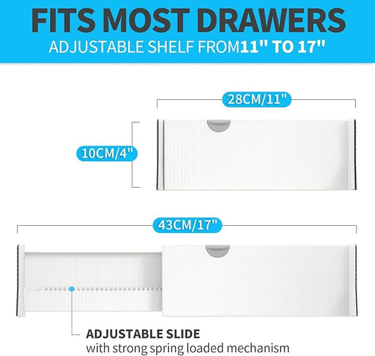 Drawer Dividers Organizer 8 Pack, Adjustable Separators 4" High Expandable from 11-17" for Bedroom, Bathroom, Closet, Clothing, Office, Kitchen (White, 8 PACK)