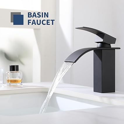 Bathroom Sink Faucet Black Waterfall Bathroom Faucet 1 Hole SUS304 Stainless Steel Faucet for Bathroom Sink Vanity Restroom Faucet Matte Black Single Hole Bathroom Faucet NO Lead, SF1-BK