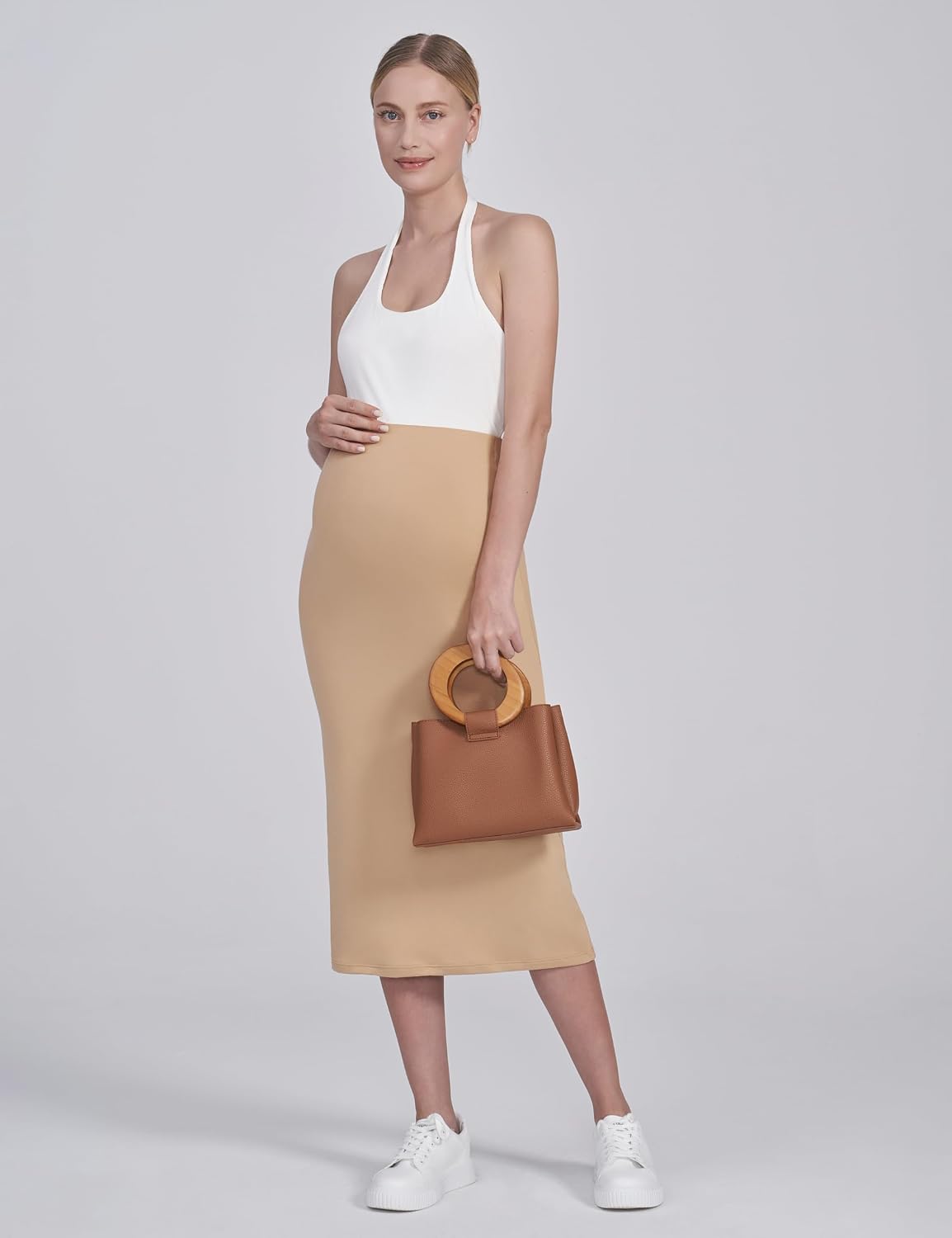 POSHDIVAH Women's Maternity Skirt Over The Belly Midi High Waisted Solid Stretchy Pregnancy Pencil Skirt