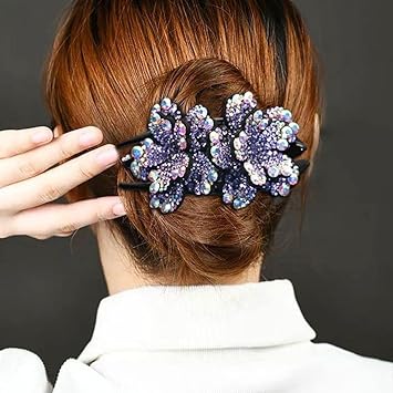 Double Flower Rhinestone Hair Clip Non-Slip Women Elegant Duckbill Clip Hair Dovetail Clips Hair Claw for Thick Long Hair Accessories(B)