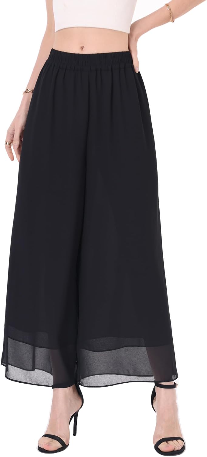 heipeiwa Women's Capris Crop Chiffon Pants Summer Beach Vacation Culottes Casual Dress Wide Leg Palazzo Pants