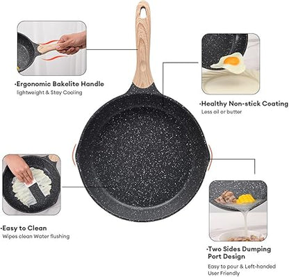 JEETEE Nonstick Frying Pans Skillet with Lid, 8" Granite Non-Stick Frying pan, Aluminum Pans with Bakelite Handle, Compatible with All Stovetops (Gas, Electric  Induction), Grey