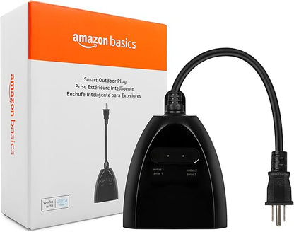 Basics Outdoor Smart Plug with 2 Individually Controlled Outlets, Works with Alexa Only, 2.4 GHz Wi-Fi, No Hub Required, Black
