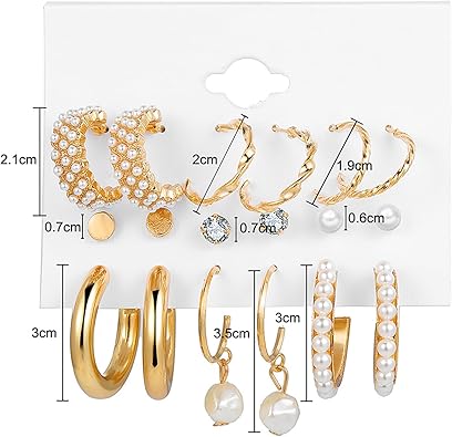 Gold Earrings Set for Women Gold Hoop Earrings Dangle Drop Pearl Earrings Pack Chunky Hoops Jewelry for Birthday Party Gift
