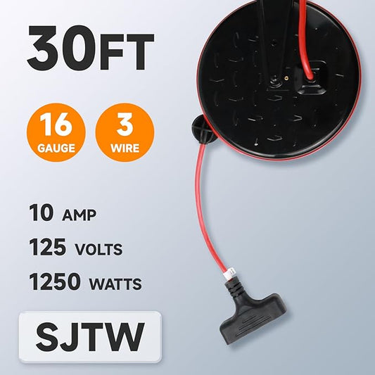 EP 30 Ft Retractable Extension Cord Reel, 163 SJTW Power Cord with 3 Electrical Outlets, Ceiling or Wall Mount, 10 Amp Circuit Breaker, Metal Plate, UL Listed, Red