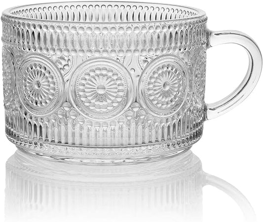 Vintage Glass Tea Cups, VIntage Glass Coffee Mugs 14 Oz. for Cappuccino, Latte, Cereal, Yogurt, Desserts, Any Beverage HotCold, Embossed Glassware with Handle (Sunflower Design)