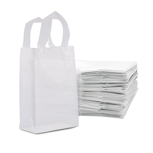Prime Line Packaging Clear Gift Bags with Handles, Frosted White Plastic Shopping Totes for Small Business, Boutiques, Retail, Bulk, 6x3x9 50 Pack