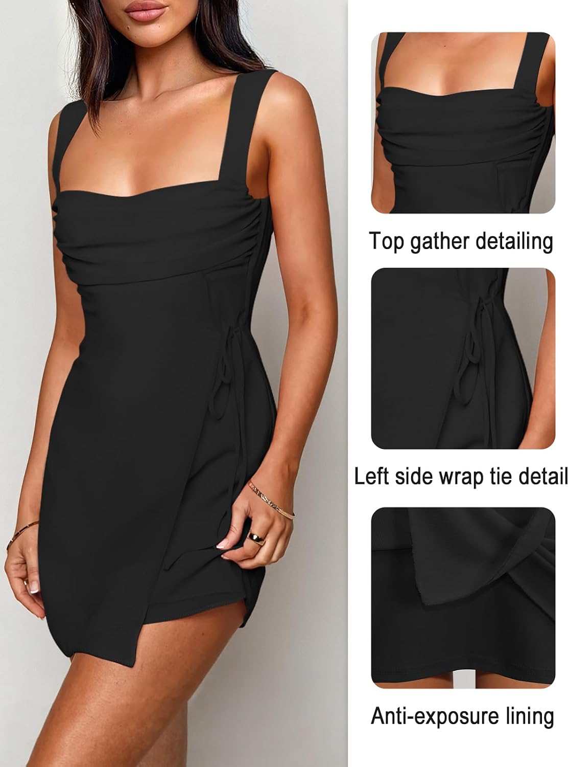 Sleeveless midi dress with ruched mesh, square neckline, and fitted silhouette for a night out or special occasion.