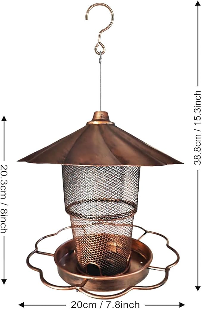 Hanging Bird Feeder with Copper Finish Roof, 15.3 inch Height, Mesh Design, Decorative Flower Base