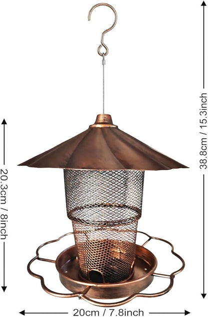 Hanging Bird Feeder with Copper Finish Roof, 15.3 inch Height, Mesh Design, Decorative Flower Base