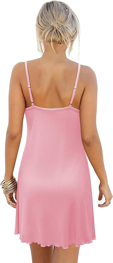 Ekouaer Women's Nightgown Sleeveless Lace Chemise Sleepwear Ribbed Knit Night Dress