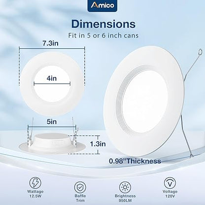Amico 1 Pack 56 inch 5CCT LED Recessed Lighting, Dimmable, IC  Damp Rated, 12.5W100W, 950LM Can Lights with Baffle Trim, 2700K3000K4000K5000K6000K Selectable, Retrofit Installation - ETL  FCC