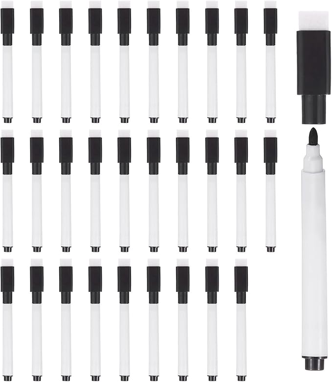 PATIKIL Dry Erase Marker Pens, 30 Pack Black Ink Fine Point Low Odor Whiteboard with Eraser Cap for Office Home Classroom, White Pen Rod