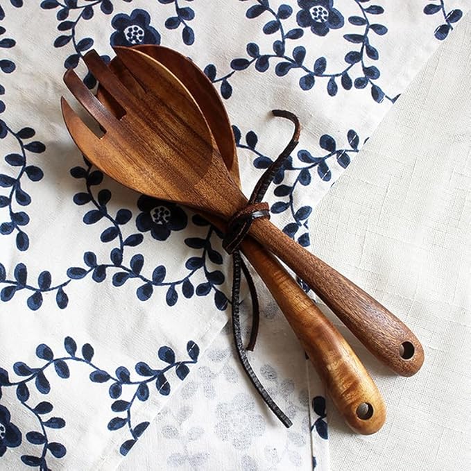 Wooden Spoon Fork Cutlery Set, Japanese Style Long Handle Serving Salad Scoop, Kitchen Utensil Large Dinnerware Set