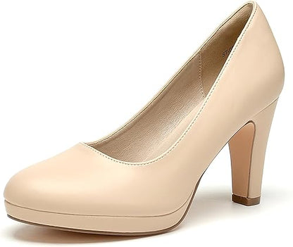 WuORWu Women's Round Toe Low Platform High Heel Pumps