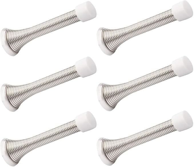 6 Pack Spring Door Stopper Brushed Satin Nickel- 3-14" Flexible Spring Door Stops with White Rubber Bumper Tips
