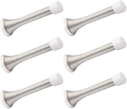 6 Pack Spring Door Stopper Brushed Satin Nickel- 3-14" Flexible Spring Door Stops with White Rubber Bumper Tips